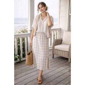 Isaac Mizrahi Beige Plaid Gingham Linen Blend Midi Skirt Women's Size M Coastal